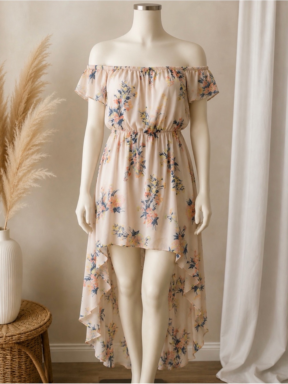 AUW Blush Floral Off-Shoulder High-Low Dress